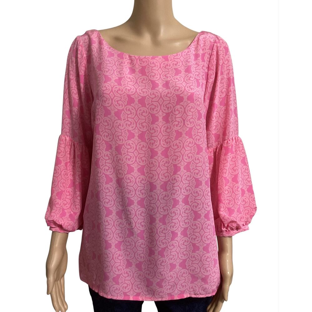 Lilly Pulitzer Pink Silk Damask Medallion Bell Sleeve Blouse size‎ 6/US small